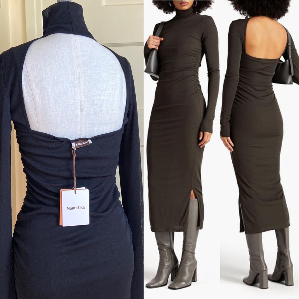$465 Nanushka Cardia Black Mesh Bodycon Turtleneck Dress
